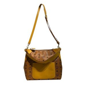 MCM Brown Monogram Shoulder Bag with Mustard Yellow Pocket
